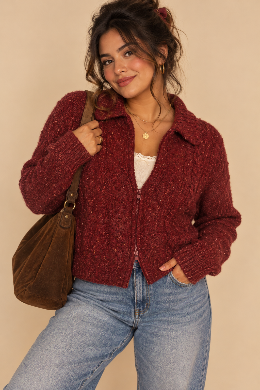 Mountain Lake Women's Burgundy Textured Knit Zip Front Collared Sweater Size L