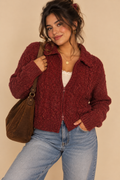 Mountain Lake Women's Burgundy Textured Knit Zip Front Collared Sweater Size L