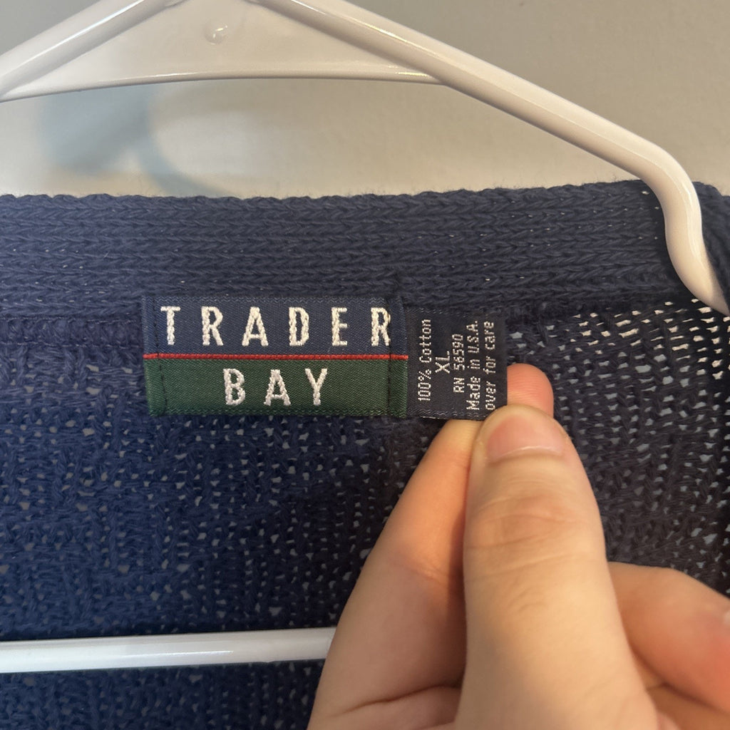 Vintage Trader Bay Cardigan Sweater Unisex Navy Geometric Knit V-Neck Button USA