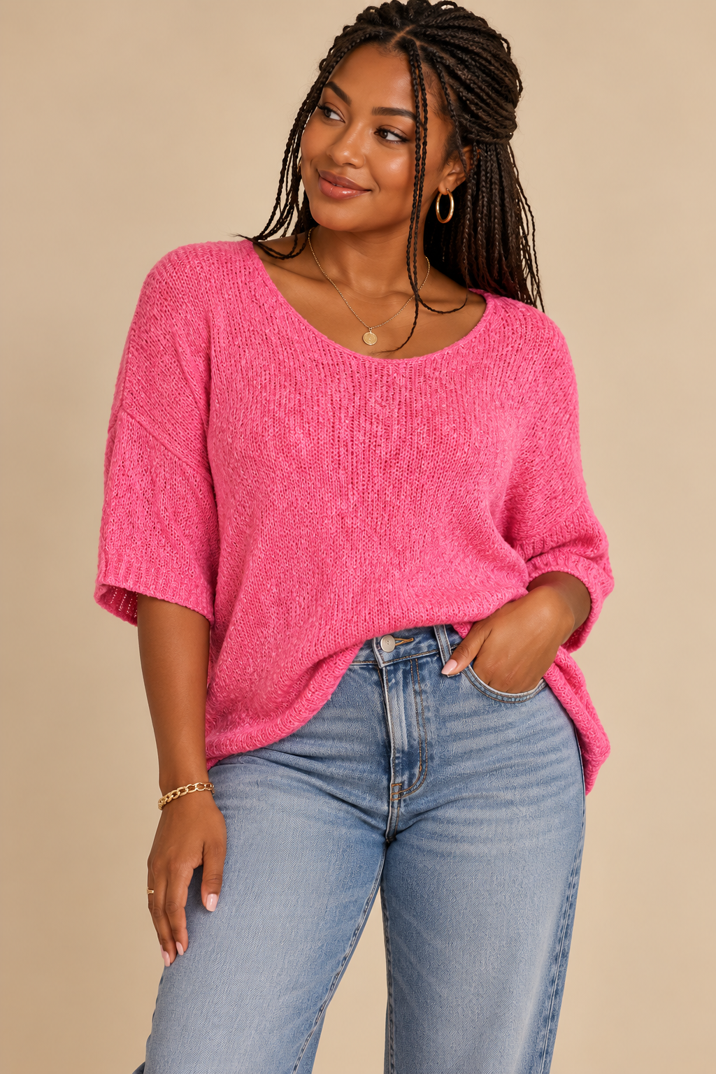 Willow Ridge Women’s Pink Solid Knit Scoop Neck 3/4 Sleeve Pullover Sweater S