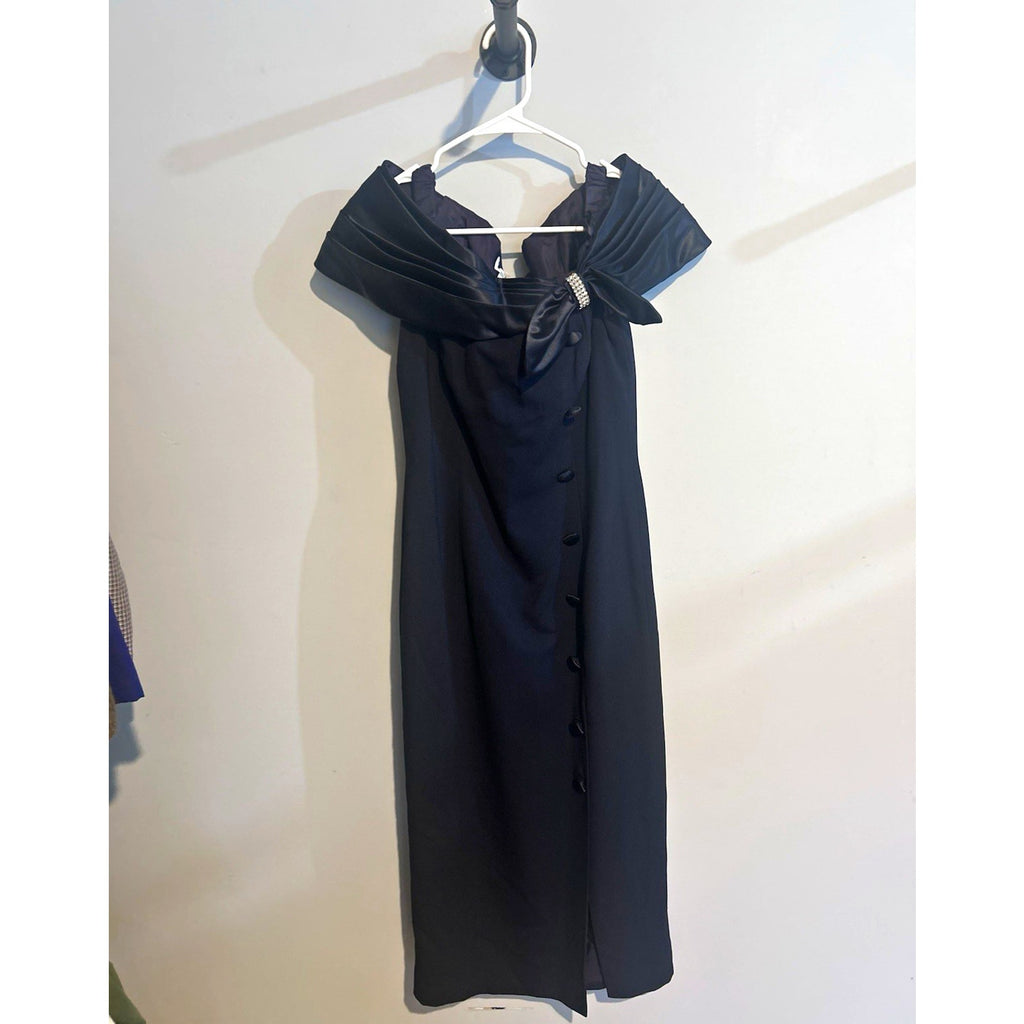 Women Black Off Shoulder Satin Sheath Midi Dress 8 Bow Beaded Button Zip Lined