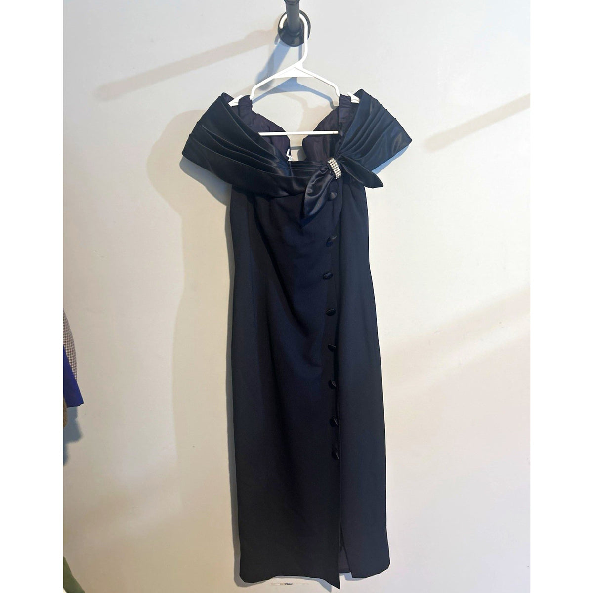 Women Black Off Shoulder Satin Sheath Midi Dress 8 Bow Beaded Button Zip Lined