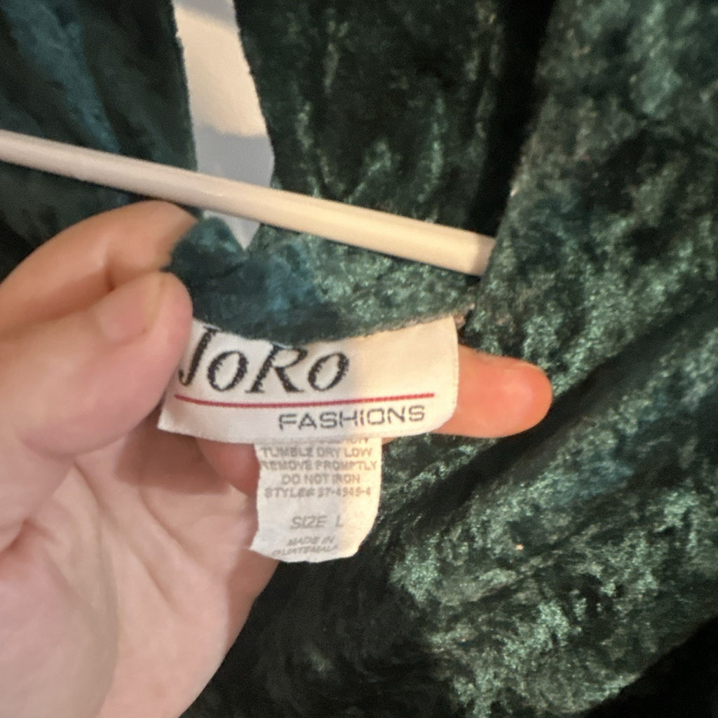 VTG JoRo Fashion Women’s Emerald Green Solid Velvet Blouse Top L SS Round Neck