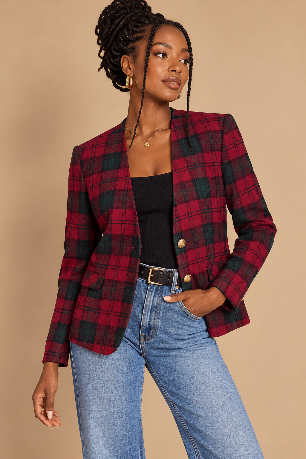 Alfred Dunner Womens Petite 6P Red Green Plaid Tweed Lined Blazer Jacket