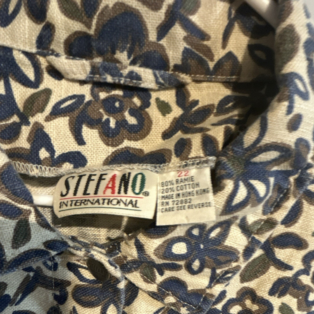 Stefano International Beige/Blue Floral Ramie/Cotton Button-Up Shirt 2XL VTG