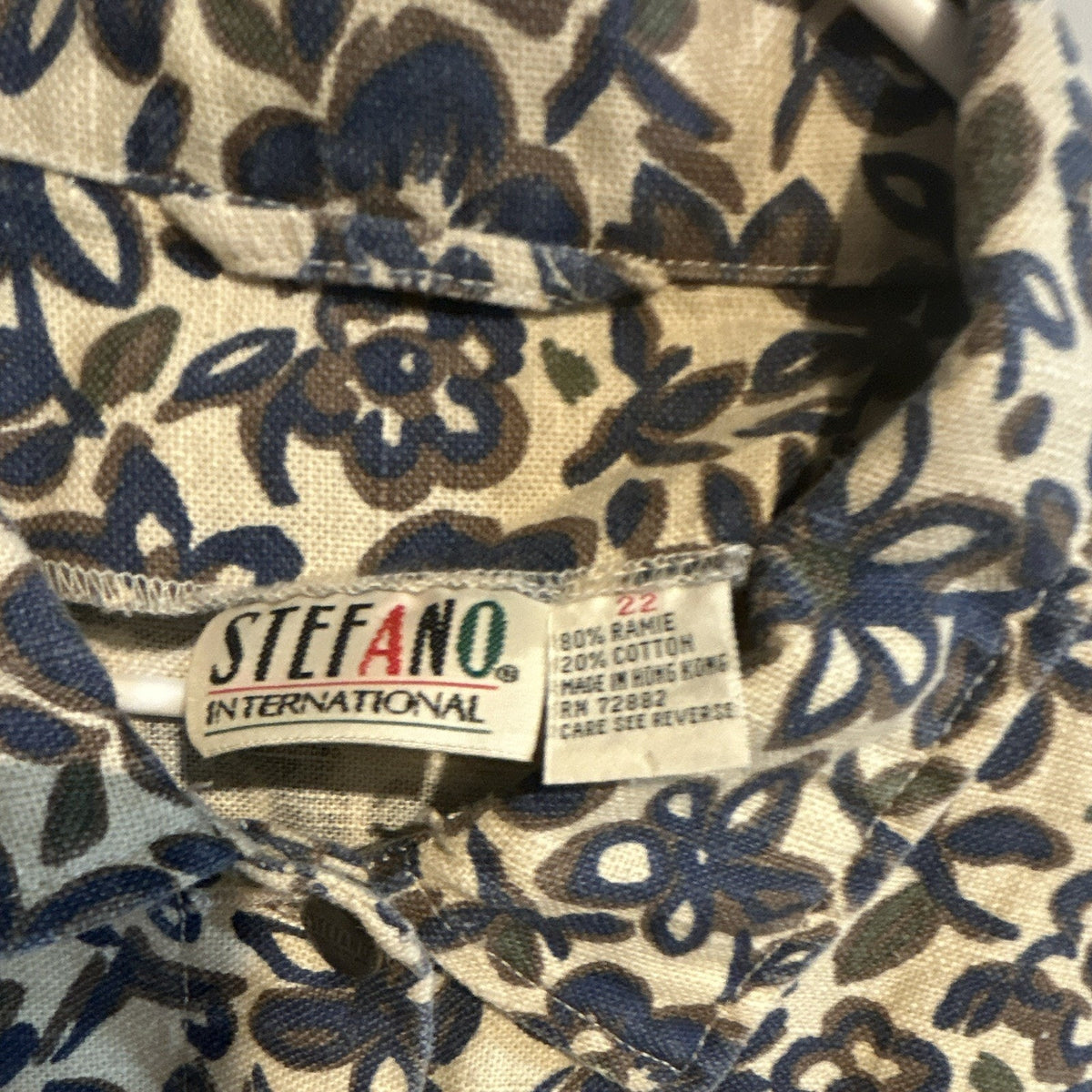 Stefano International Beige/Blue Floral Ramie/Cotton Button-Up Shirt 2XL VTG