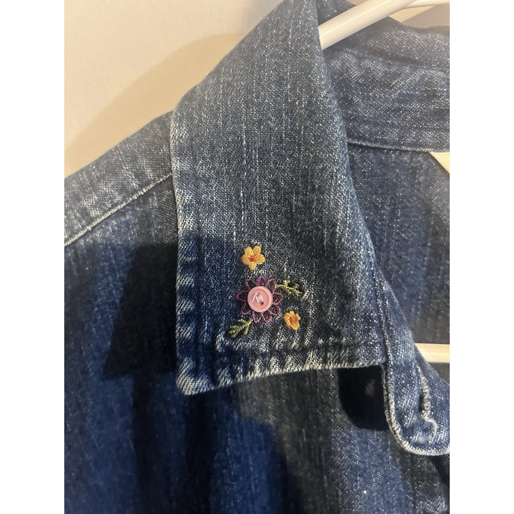 Christopher & Banks Women’s Blue Denim Floral Embroidered Collared Button-Up S