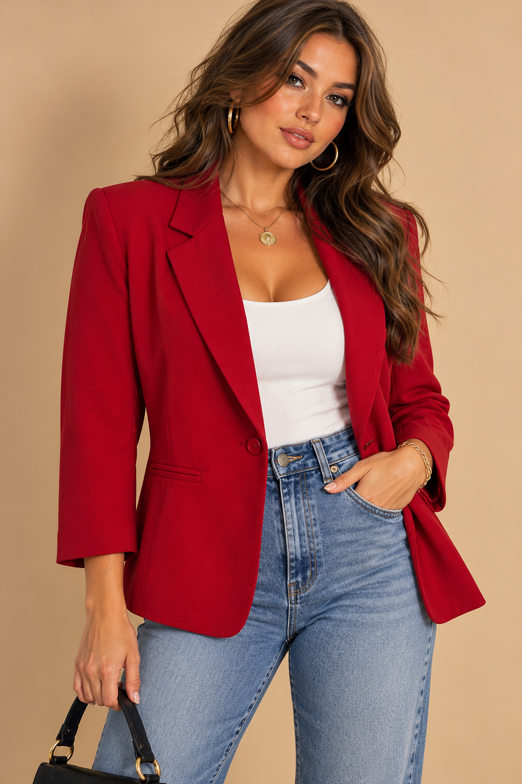 Braun Style Womens Red Solid 100% Wool Twill Lined Button Blazer Pockets L