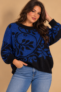 New Dorsey Black/Blue Floral Metallic Knit Crew Pullover Sweater M/L