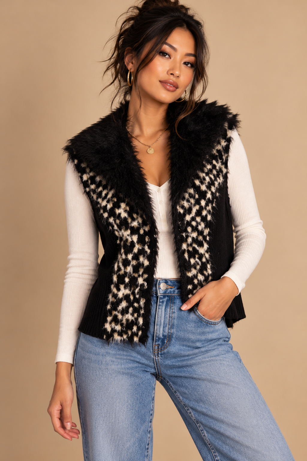 Simon Chang Womens Animal Print Faux Fur Trim Button Front Lined Vest Size M VTG
