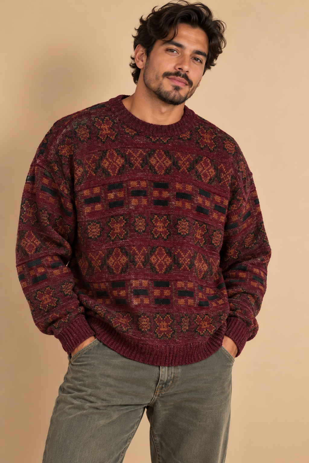 Chapel Hill Men's Brown Geometric Knit Crew Neck Pullover Sweater Size L VTG