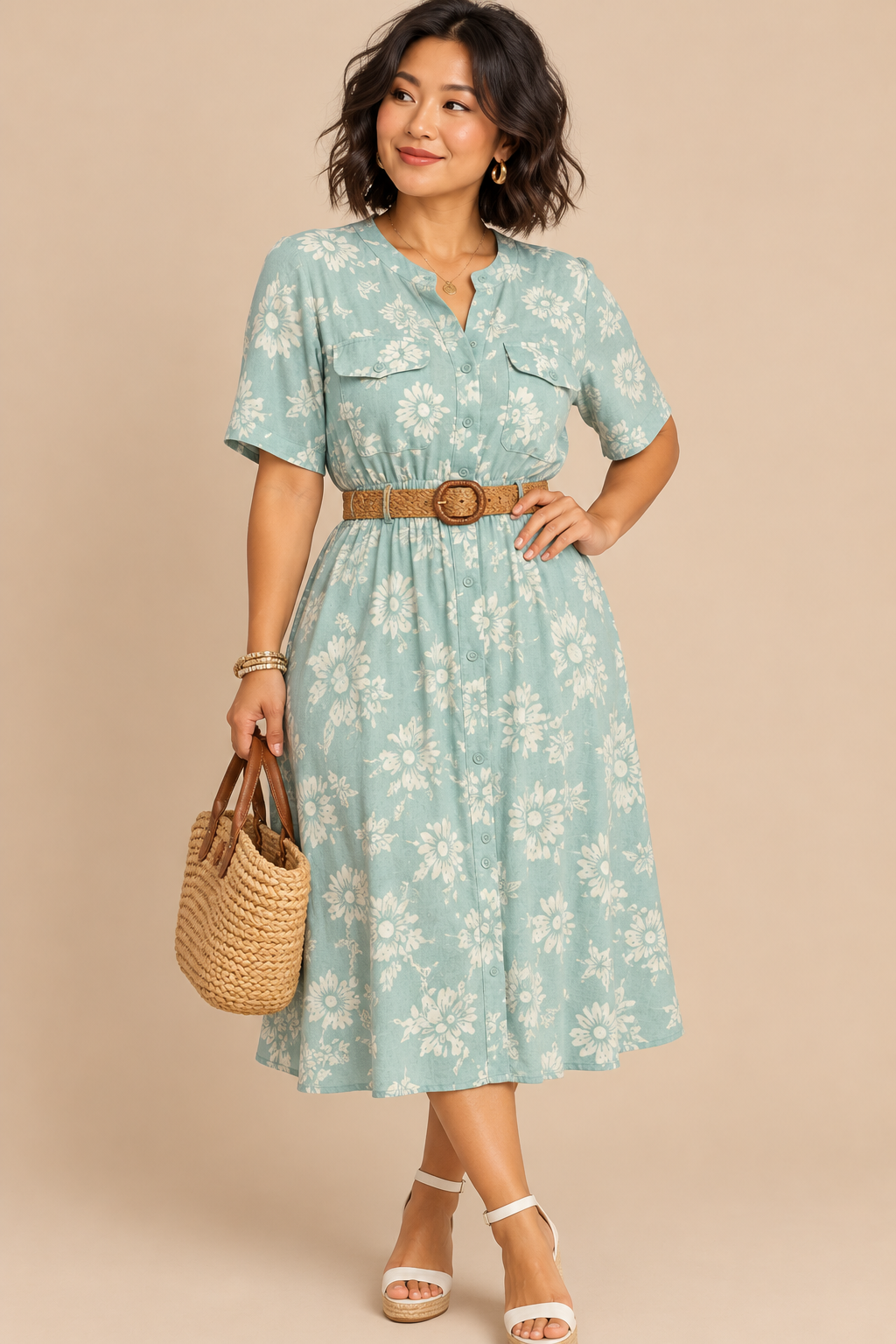 Stuart Alan USA Made Blue/White Floral Shirt Dress SS Knee Length Size 14
