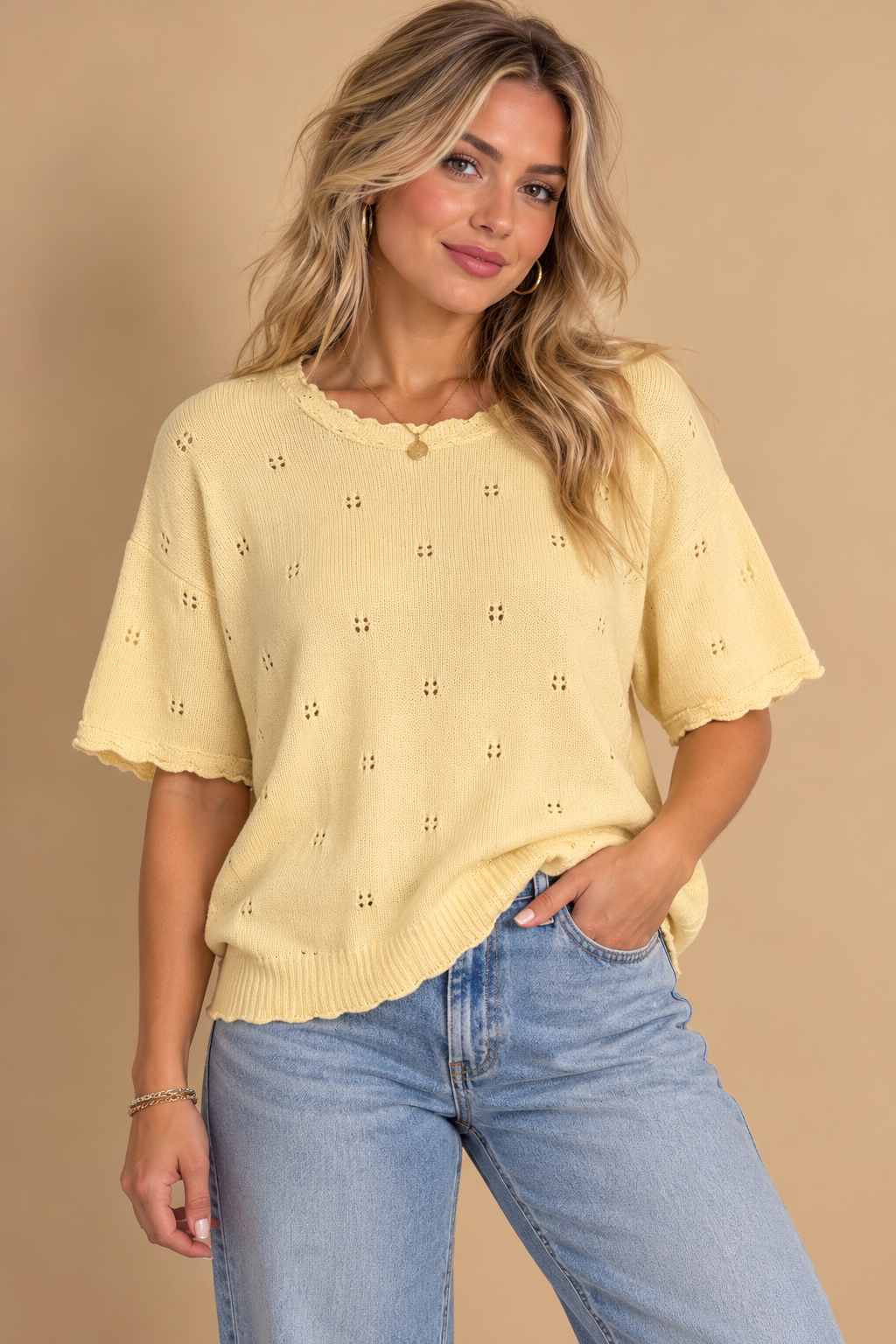 Boston Traders Women’s Ivory Eyelet Knit Cotton Crew Neck Pullover Sweater L