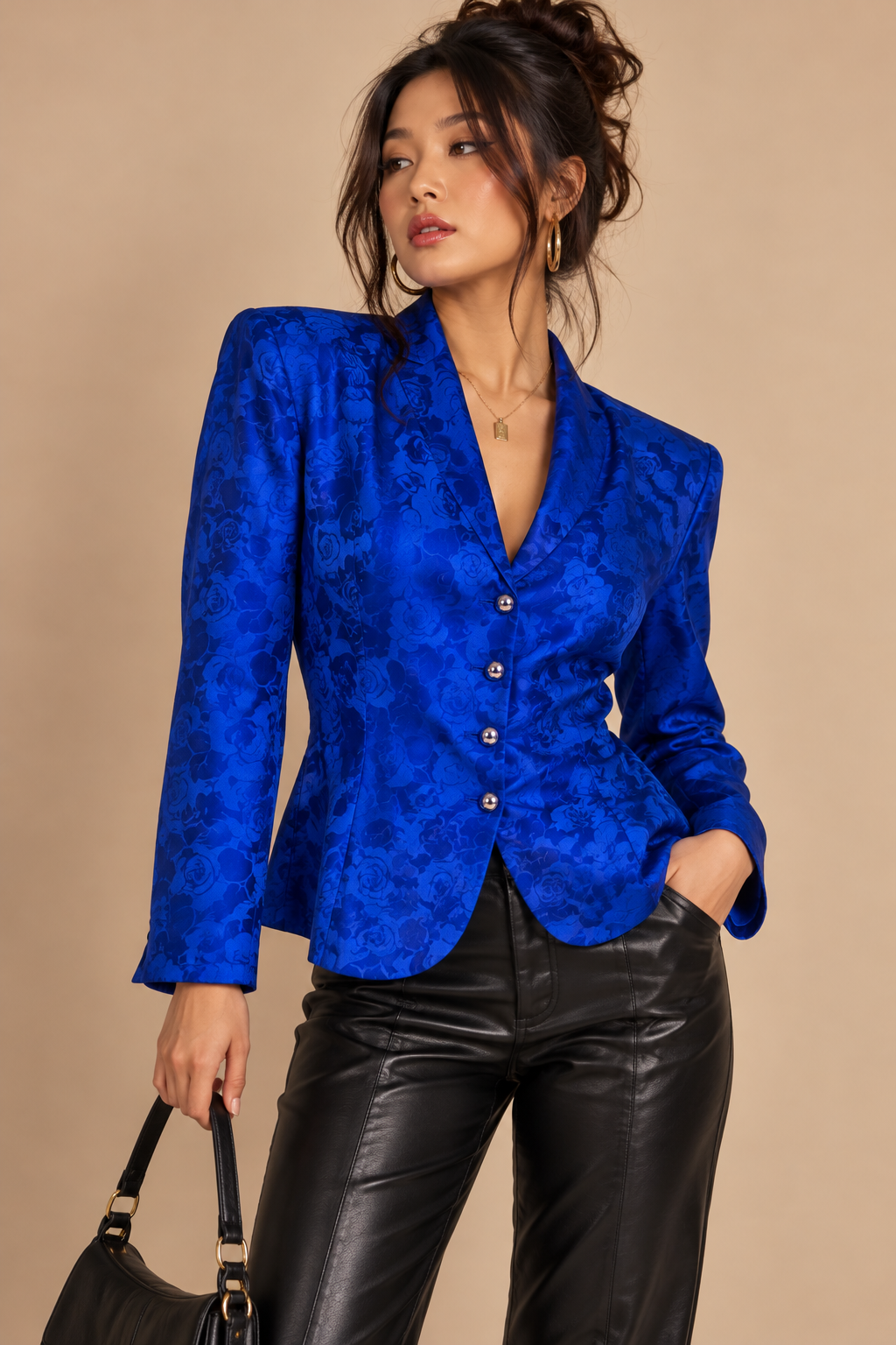 VTG Adrianna Papell Womens Blue Silk Floral Jacquard Lined Button Jacket Size 12
