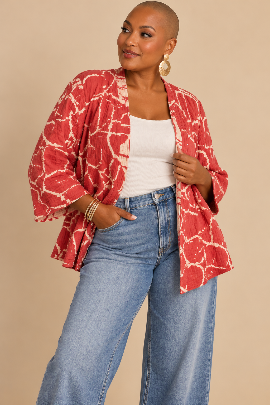 Chico's Womens Quilted Jacket Size 3 Juniors Coral White Abstract Open Front 3/4