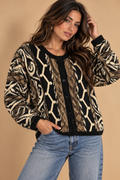 EQUIPT Women’s Black/Brown/White Geometric Knit Round Neck Cardigan L