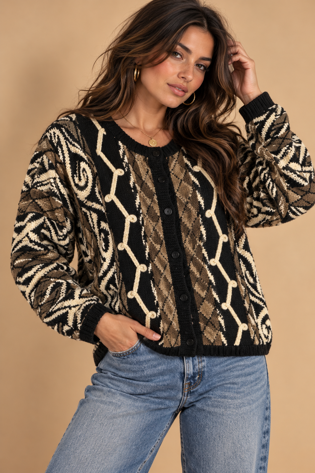 EQUIPT Women’s Black/Brown/White Geometric Knit Round Neck Cardigan L