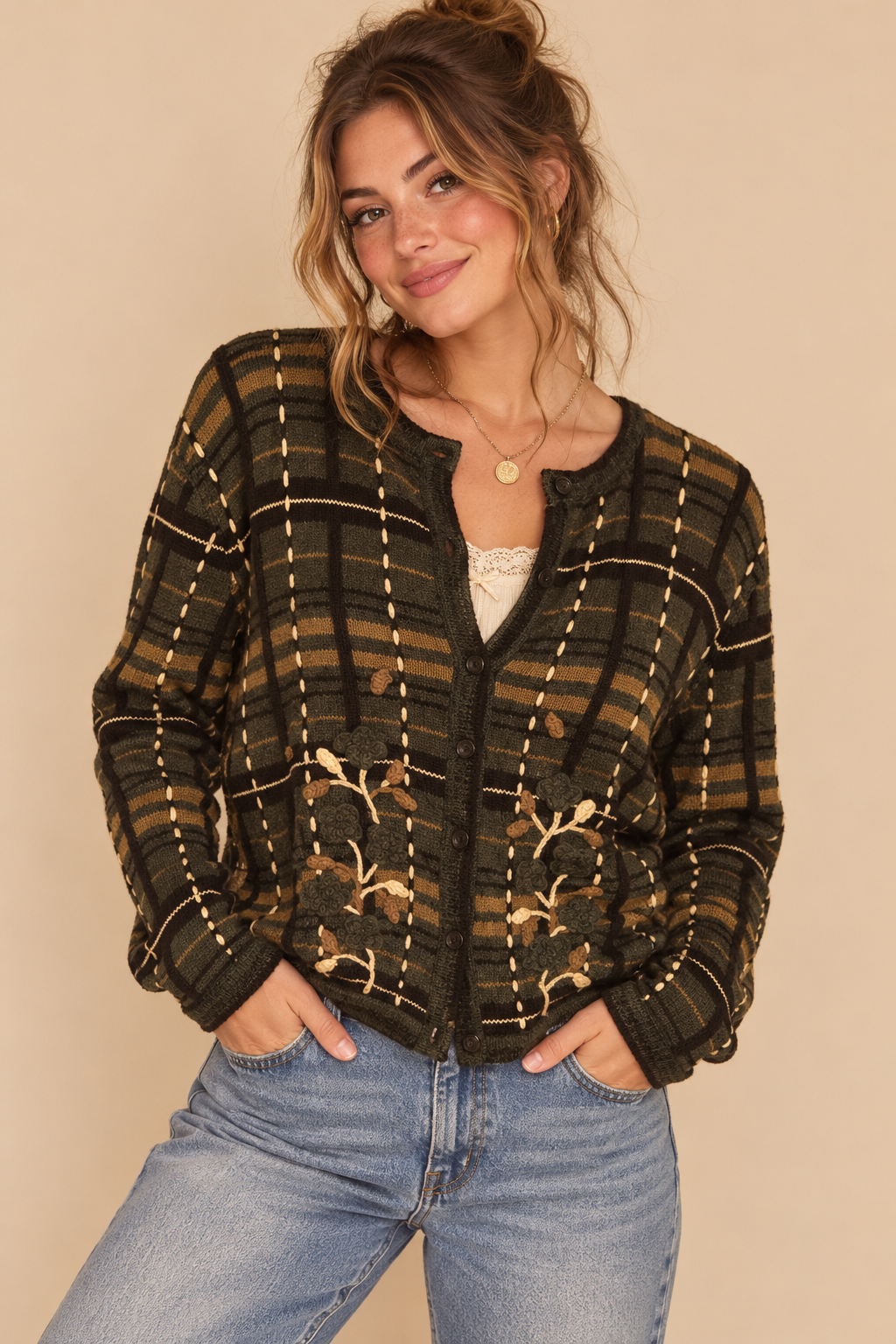 Cottagecore Christopher & Banks Plaid Embroidered Button Front V-Neck Cardigan L