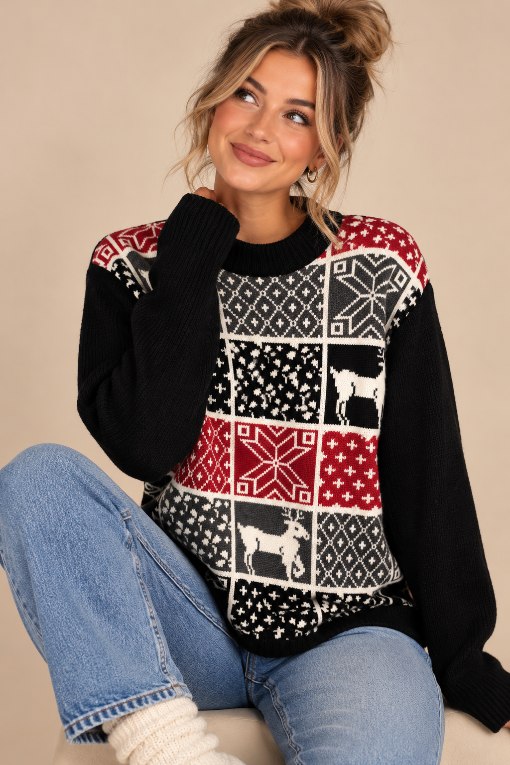 Norton McNaughton Women’s Christmas Fair Isle Reindeer Knit Crew Pullover S