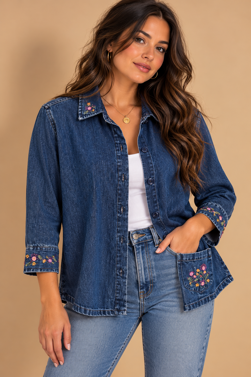Christopher & Banks Women’s Blue Denim Floral Embroidered Collared Button-Up S