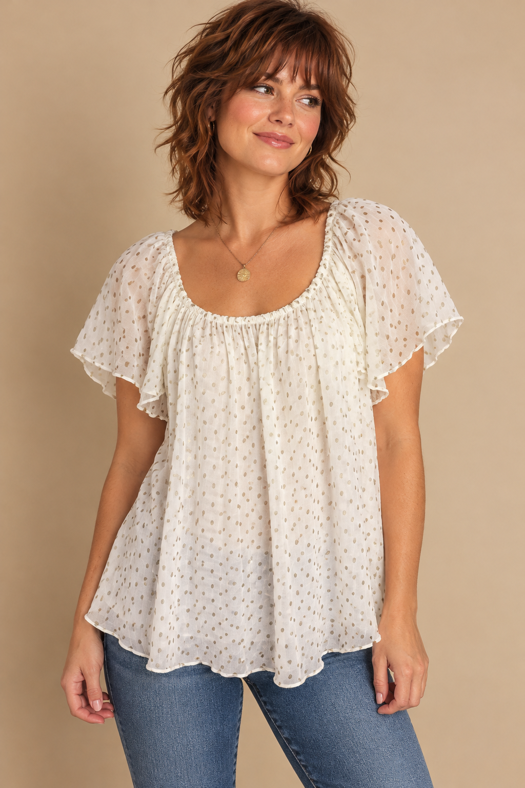 Luisa Ricci White Gray Polka Dot Silk Chiffon Blouse Square Neck Smocked Sz S