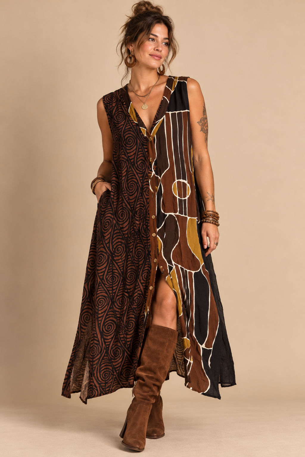 Tropical Tantrum Women Abstract V-Neck Sleeveless Rayon Shift Dress Button OS