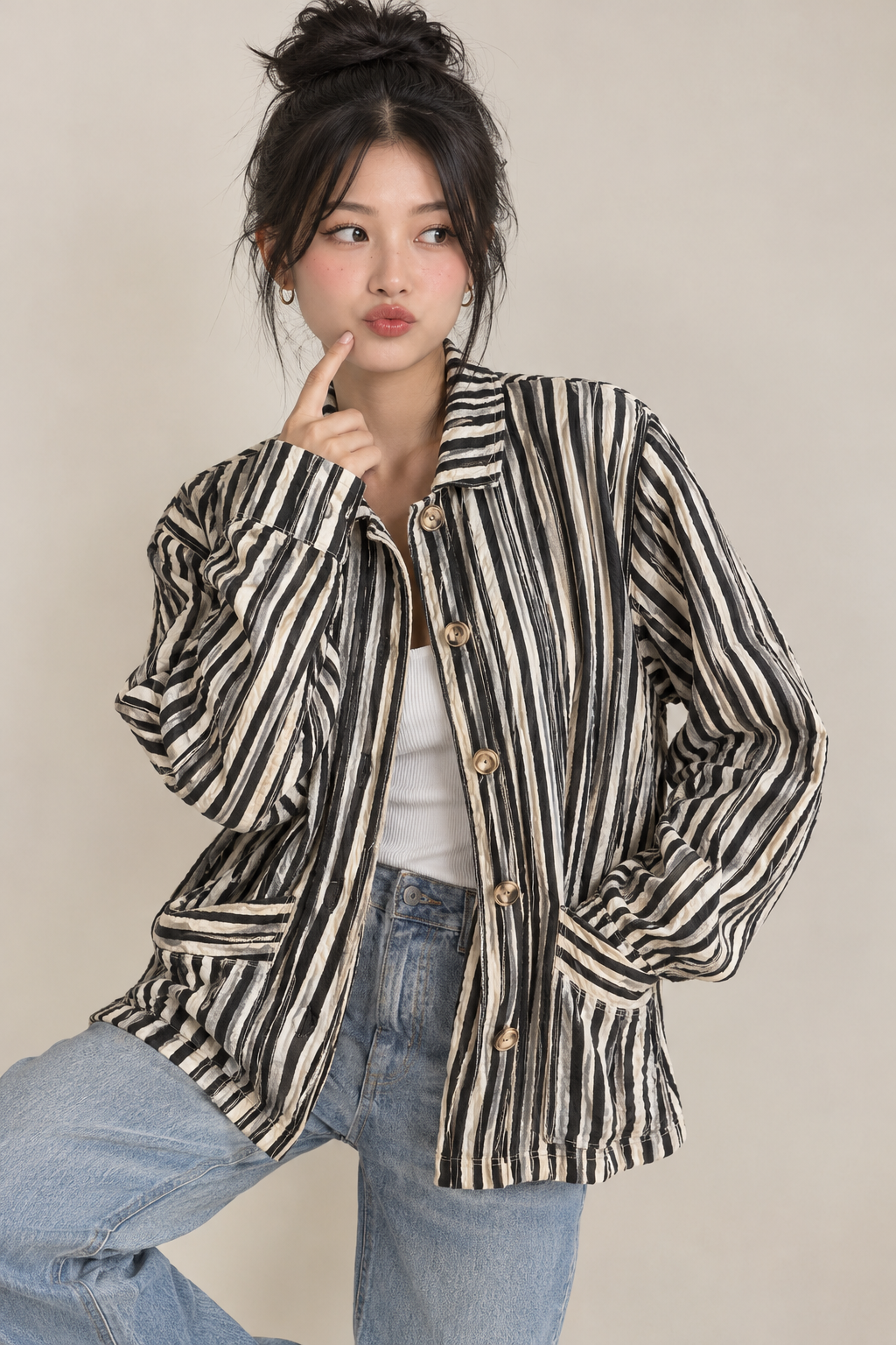 Perelle Studio Design Room Women’s Striped Collared LS Button-Up Pockets Sz S