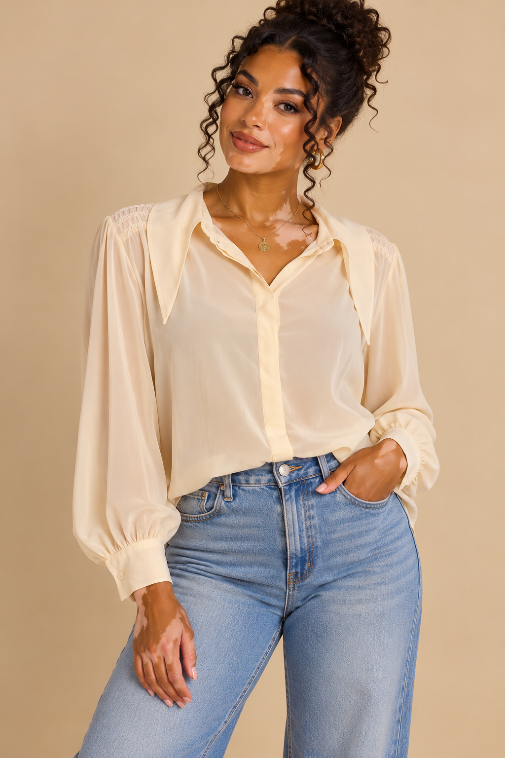 VTG Sunny South Fashions Ivory Chiffon Collared Smocked LS Button Blouse Sz 6