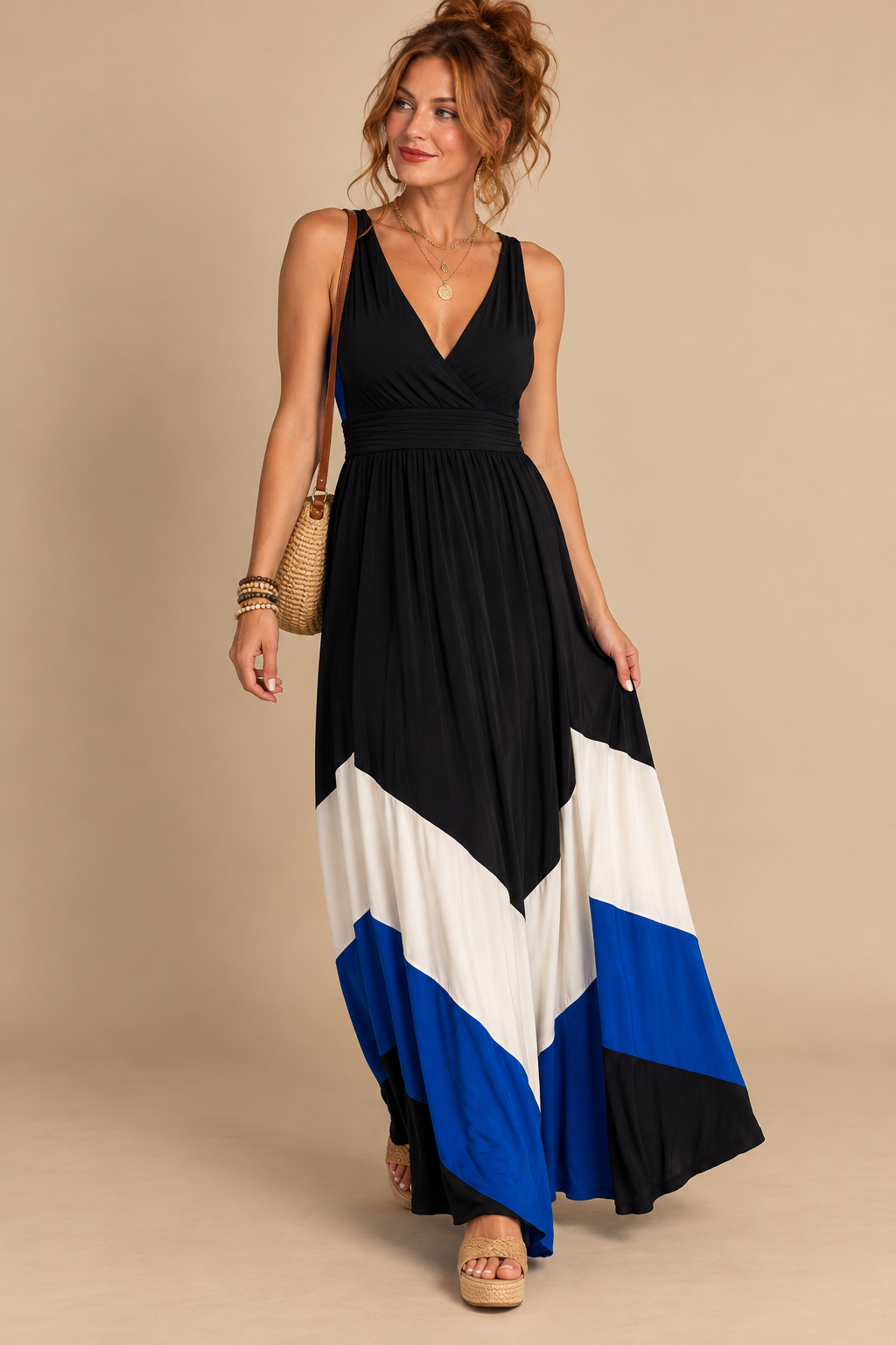 Studio One New York Colorblock V-Neck Sleeveless Maxi Dress S Lined Stretch