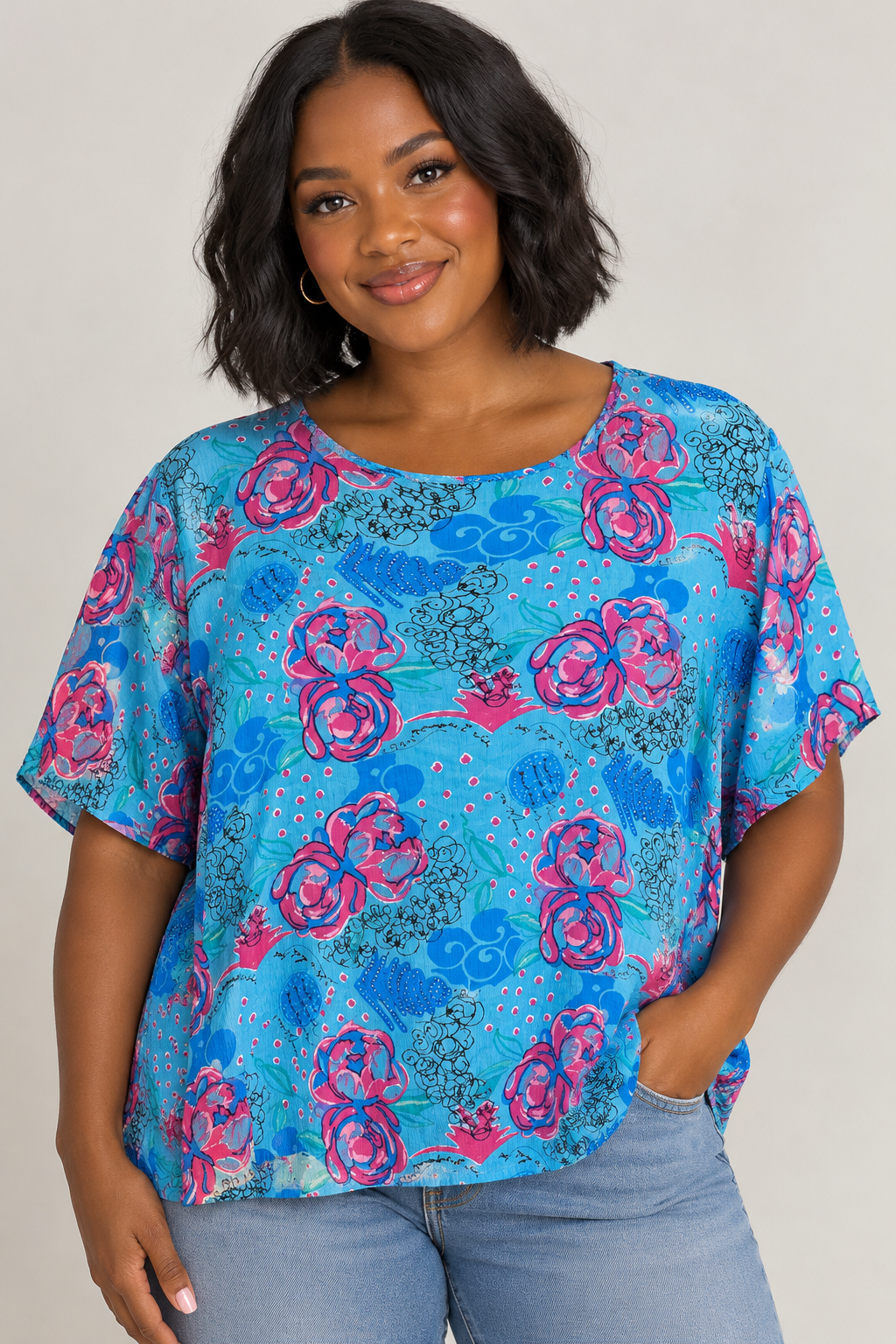 CLIO Women’s Blue Pink Floral Chiffon Blouse SS Round Neck Button Top Sz L