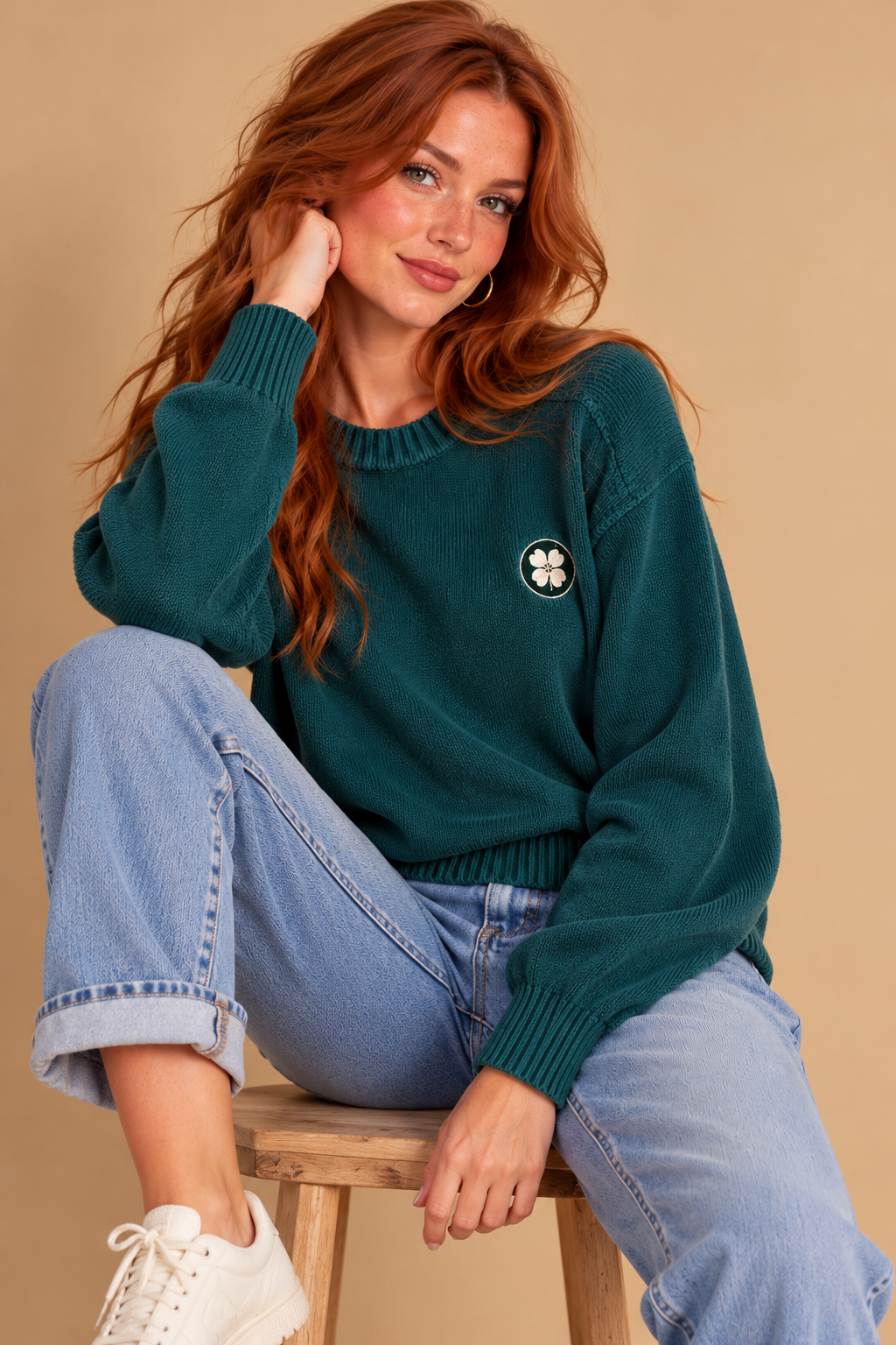 Lands' End Women’s Green Solid Cotton Knit Crew Neck Long Sleeve Pullover M/L