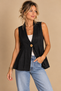 GO SILK Womens Petite PM Black 100% Linen Sleeveless Button Front Vest