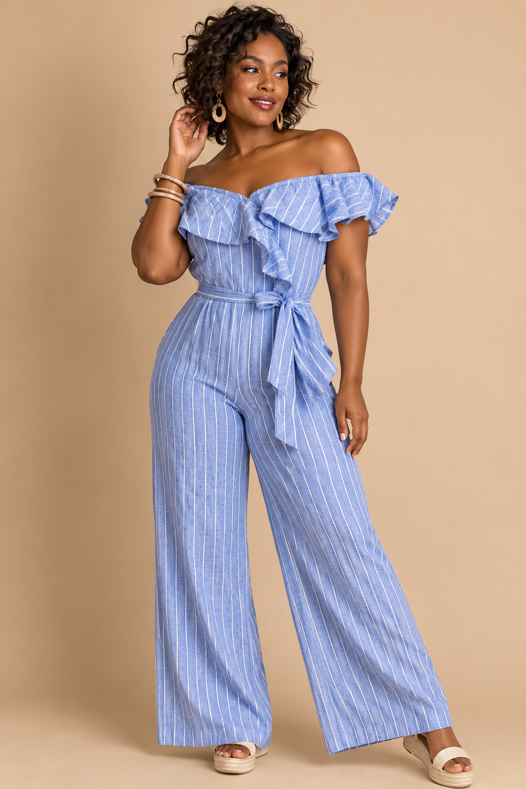 UMGEE Blue/White Striped Ruffle Off-Shoulder Sleeveless Zip Jumpsuit M