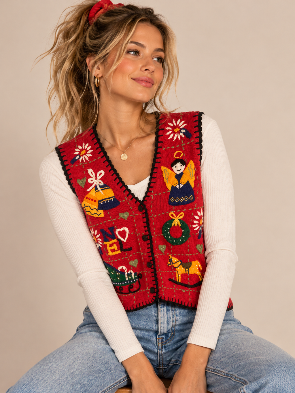 Christmas Sweater Vest Women - M Vintage Noel Red Embroidered Beaded Santa Elf