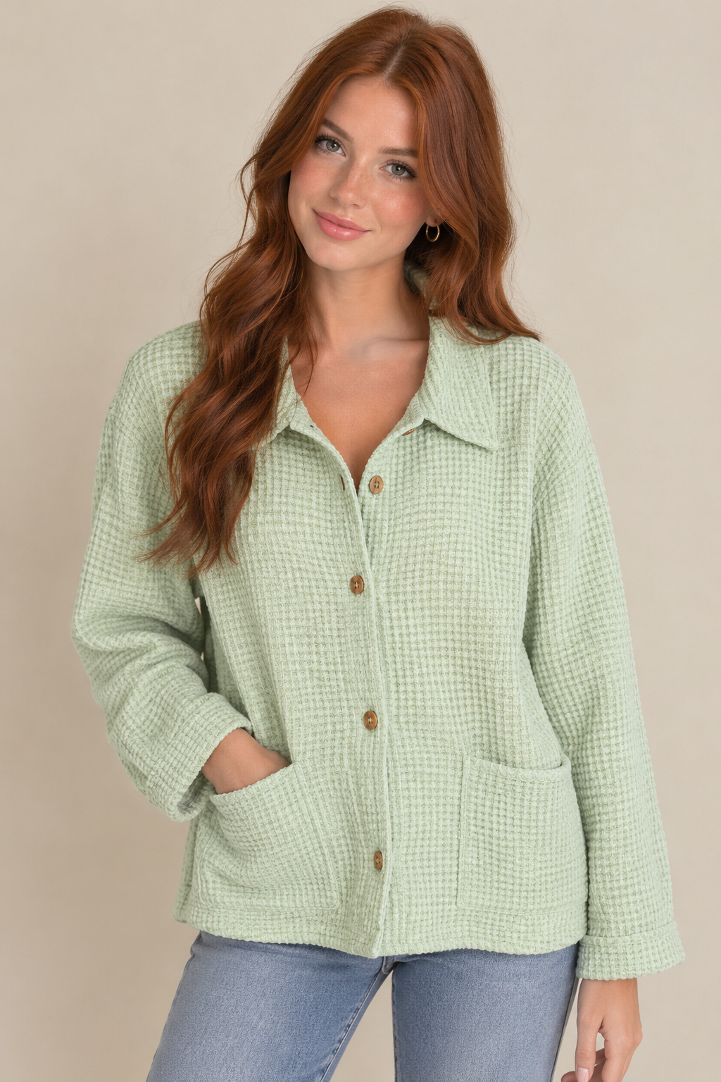 Pathways by Allison Lane Womens Green Waffle Knit Button Front Jacket Pockets M