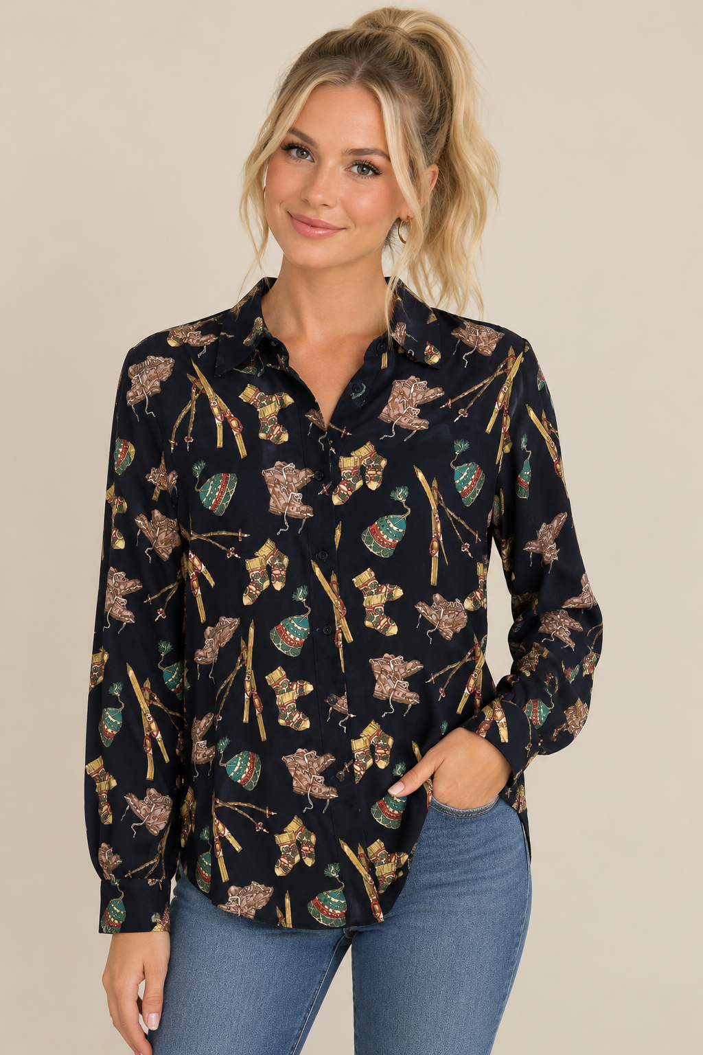 L'Officiel Women’s Black Chiffon Novelty Ski Print Collared LS Button-Up M