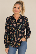 L'Officiel Women’s Black Chiffon Novelty Ski Print Collared LS Button-Up M