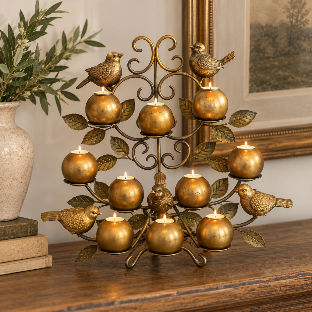 Christmas Conservatory Gold Metal Tree Bird Votive Candelabra Freestanding
