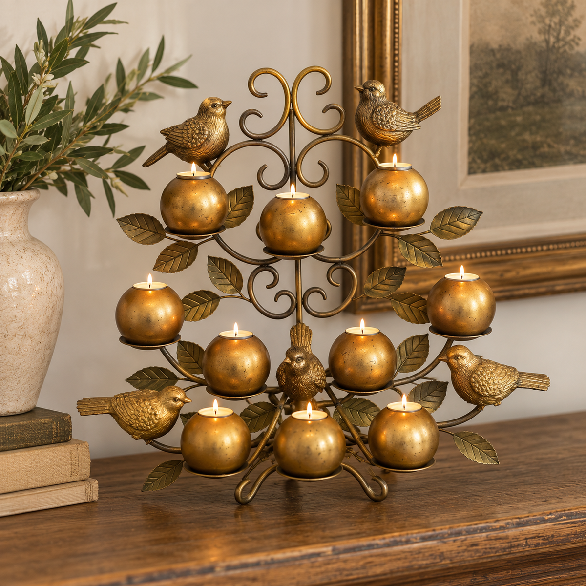 Christmas Conservatory Gold Metal Tree Bird Votive Candelabra Freestanding