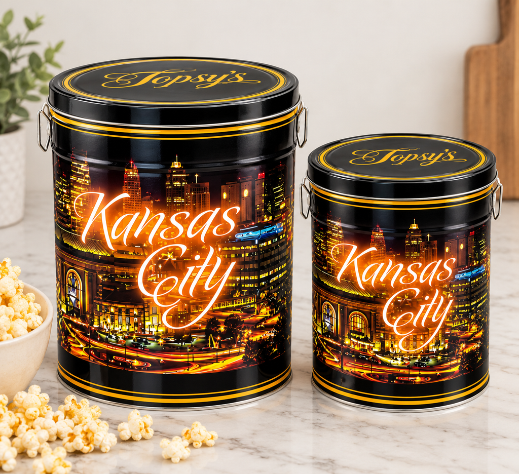Topsy’s 50th anniversary Popcorn Tins - Featuring Kansas City Skyline