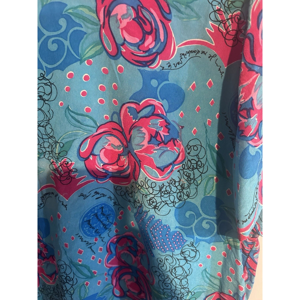 CLIO Women’s Blue Pink Floral Chiffon Blouse SS Round Neck Button Top Sz L