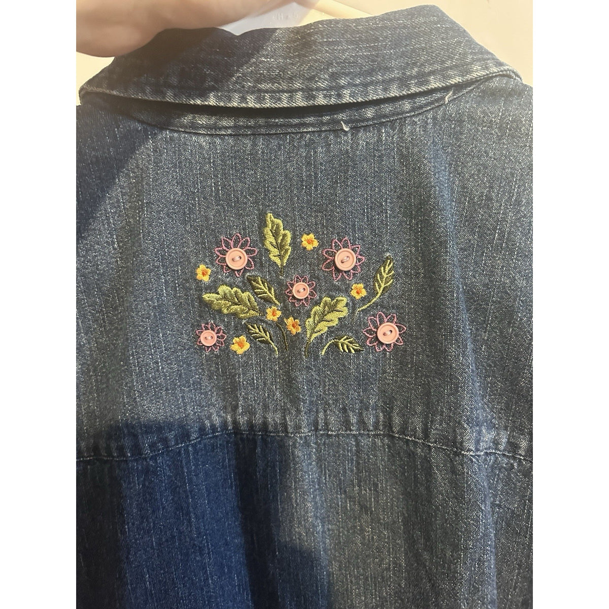 Christopher & Banks Women’s Blue Denim Floral Embroidered Collared Button-Up S