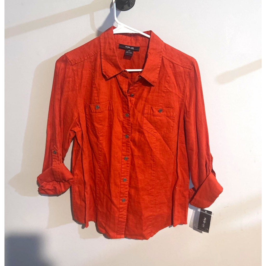 Style & Co Women’s Petites 12P Orange Linen Collared LS Button-Up Shirt Pockets