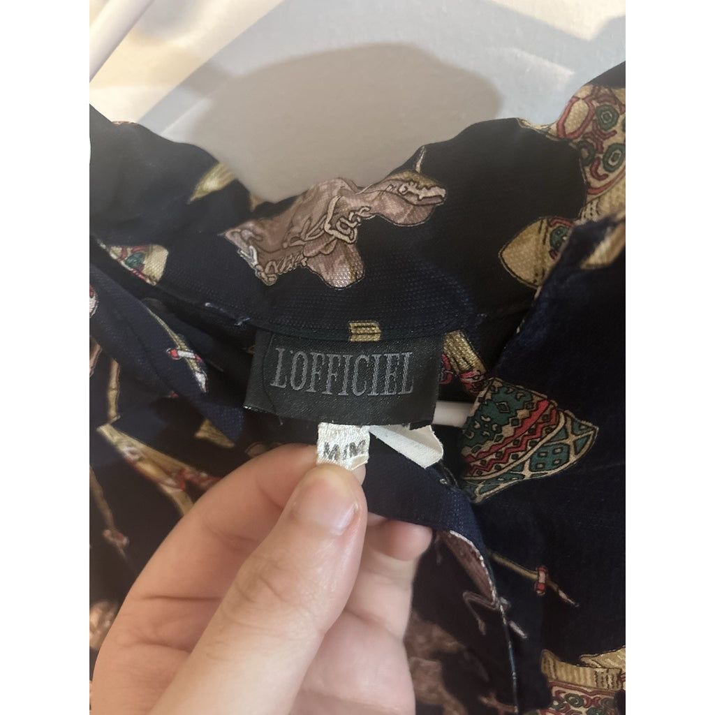 L'Officiel Women’s Black Chiffon Novelty Ski Print Collared LS Button-Up M
