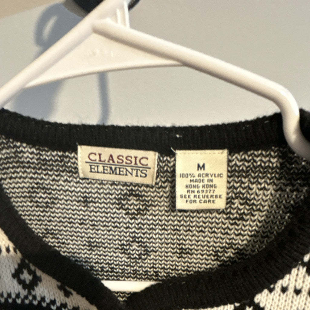 VTG Classic Elements Black/White Fair Isle Knit Button Front Pockets Cardigan M