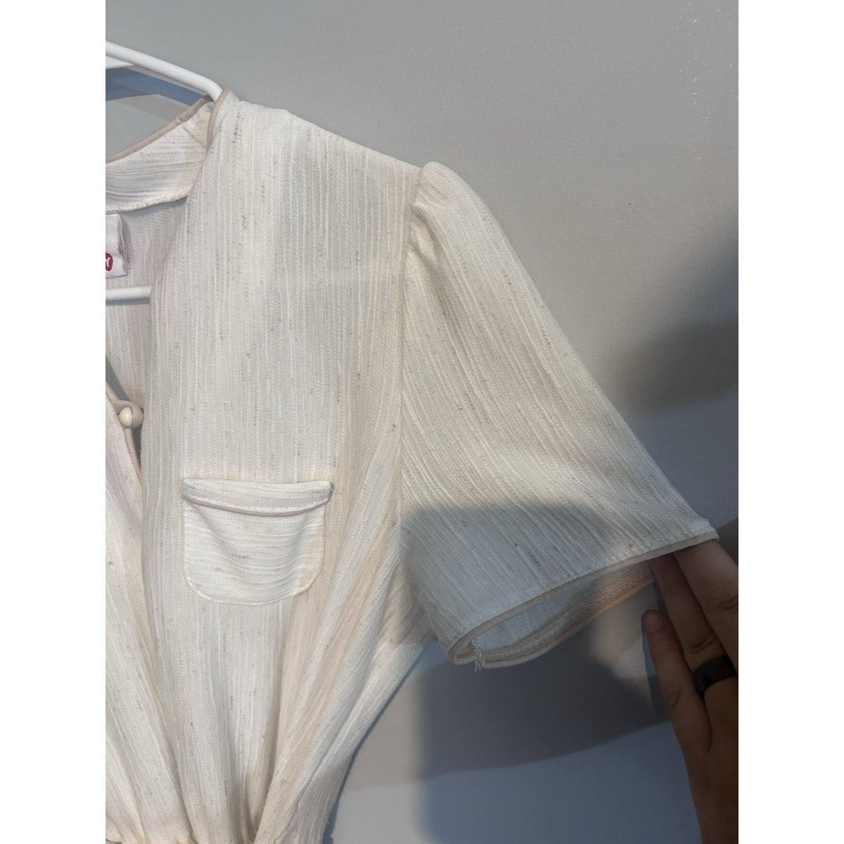 KR of NY Women Ivory Solid Knit Midi Dress V-Neck Short Sleeve Tie Waist 14