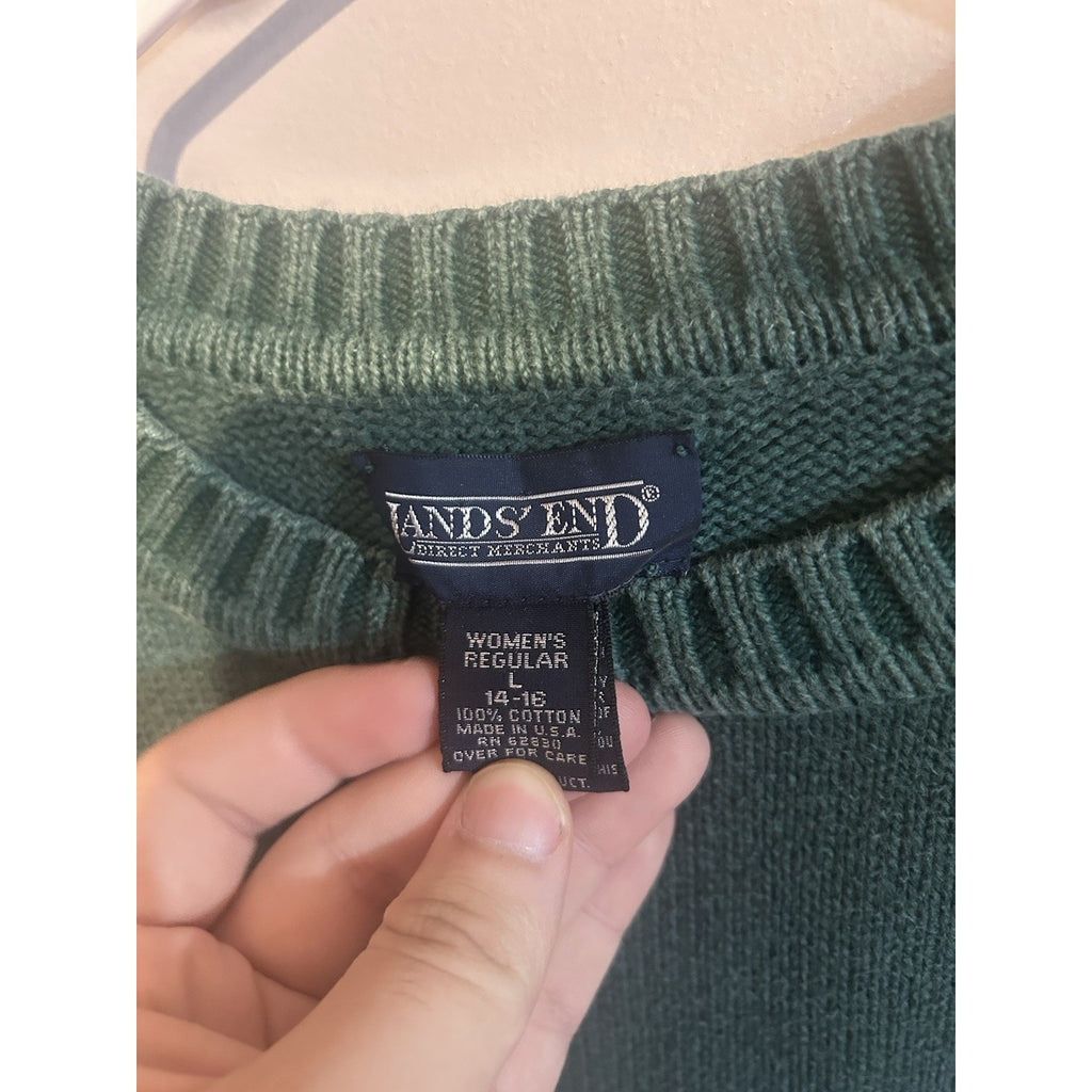 Lands' End Women’s Green Solid Cotton Knit Crew Neck Long Sleeve Pullover M/L