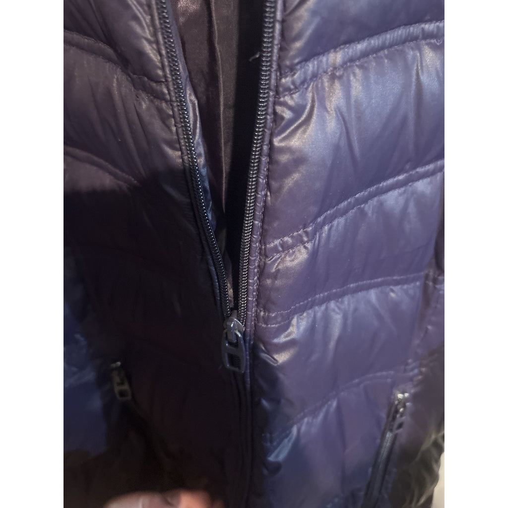 Coldwater Creek Womens 10-12 Purple Down Puffer Coat Hood Faux Fur Long Zip
