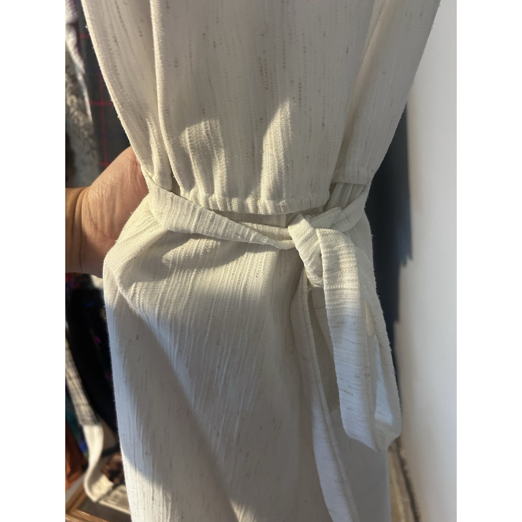 KR of NY Women Ivory Solid Knit Midi Dress V-Neck Short Sleeve Tie Waist 14