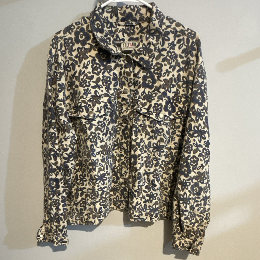 Stefano International Beige/Blue Floral Ramie/Cotton Button-Up Shirt 2XL VTG